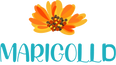 Logo with an orange flower and blue text on a white background, margolld logo